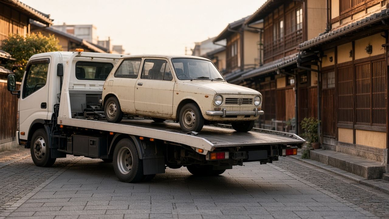 京都の町並みを走る積載車に載せられた古い車